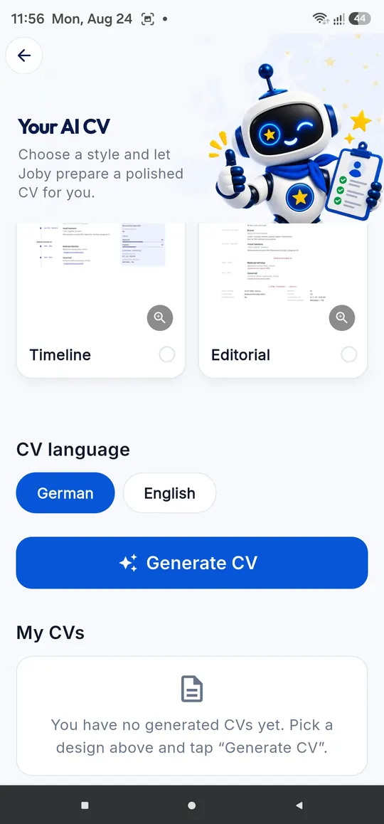 AI CV screen showing a selection of professional CV designs