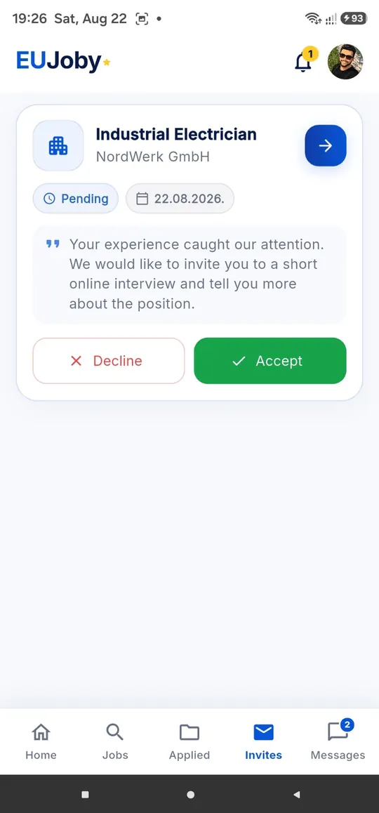 Interview invitation in the app with accept and decline buttons
