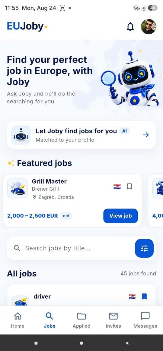 EUJoby app jobs screen with featured jobs and search
